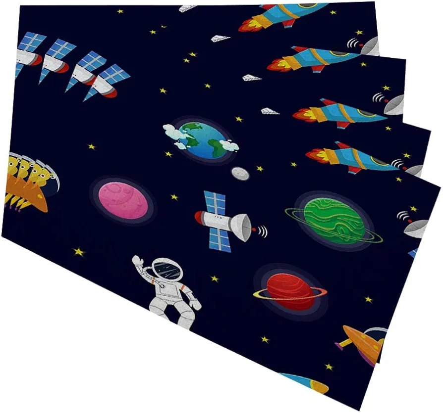 Yibeas Planet Pattern Placemats for Kitchen Dining Table Set of 4 Astronaut with Rocket and Alien in The Open Space Cartoon Funny Table Mats Linen Washable Heat Resistant Place Mats 12 x 18 Inch