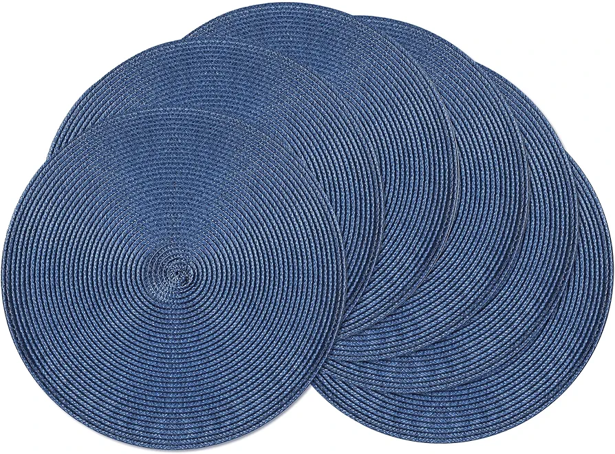 Leetaltree Round Placemats Set of 6 - Washable Woven Non-Slip Round Table Mats,15-Inch Heat Resistant Table Placemats,Blue