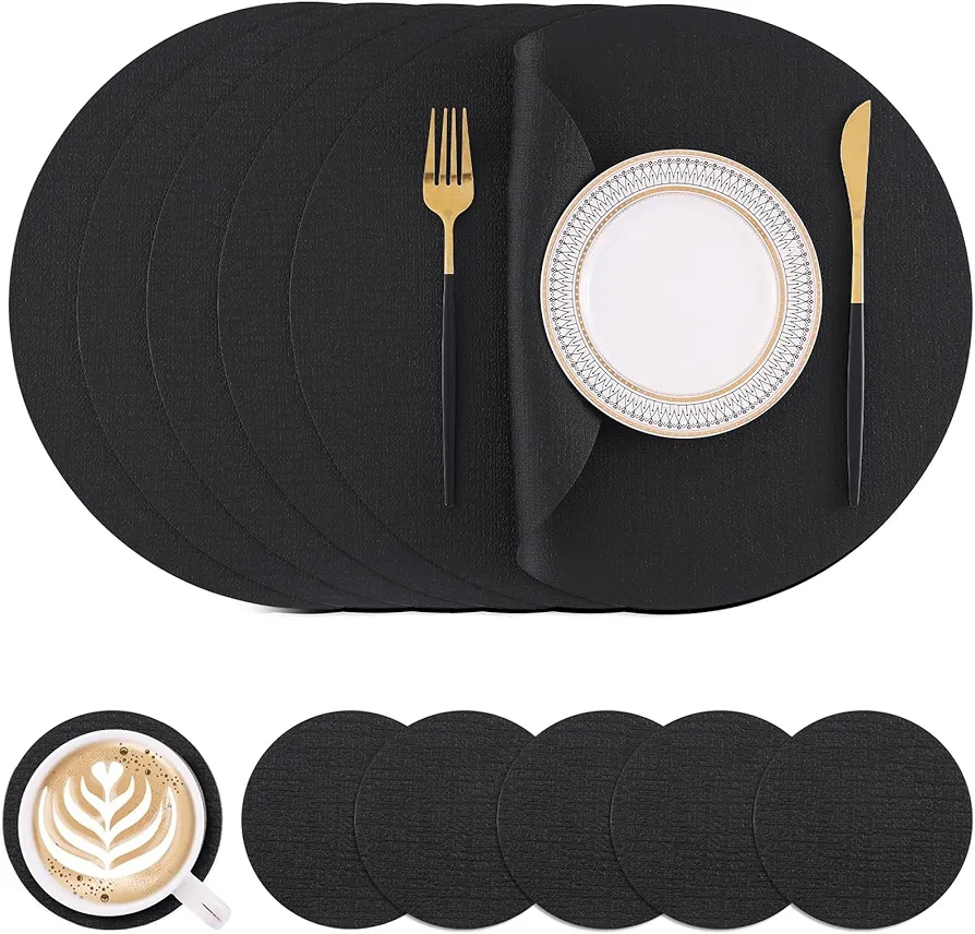 Homaxy Round Faux Leather Placemats and Coasters, Washable Dual-Side Table Mats, Wipeable Heat-resistand Dining Place Mats for Outdoor and Indoor, Set of 6, Diameter 13 and 3.93 inch, Black