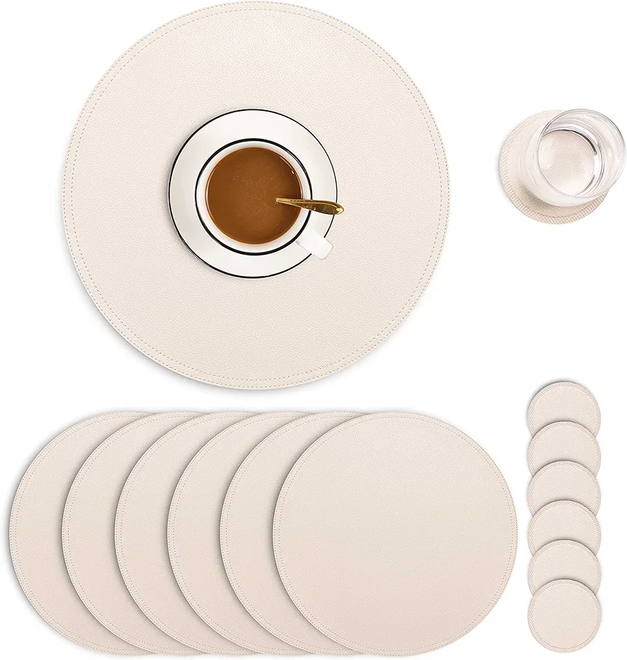 Set of 6 Faux Leather Round Placemats and Coasters, Coffee Mats Kitchen Table Mats, Waterproof, Easy to Clean for Kitchen Dining Round Table