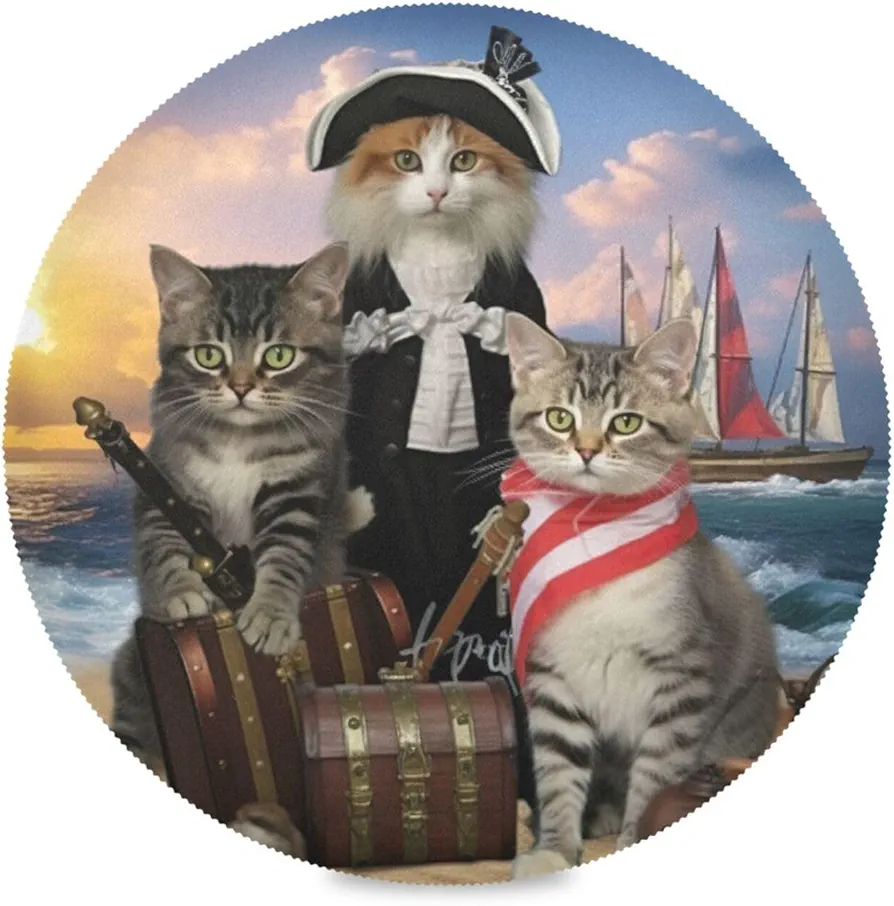 Pirate Captain Cat Round Placemats Set of 6,Washable Non Slip Heat Resistant Place Mats for Kitchen Table Decor 15.4 Inch