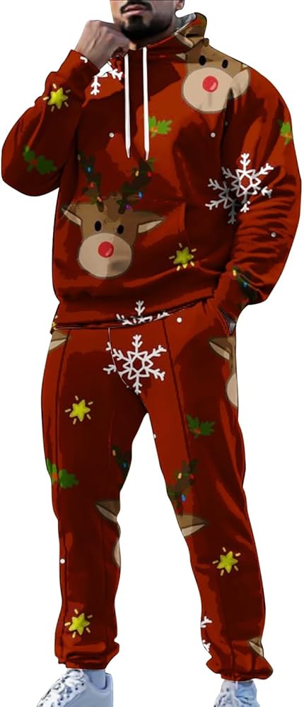 Men's Tracksuits,Men's Essential Casual 3D Print Hooded Sweatsuit Christmas Drawstring Hoodie Sweatpants Tracksuits