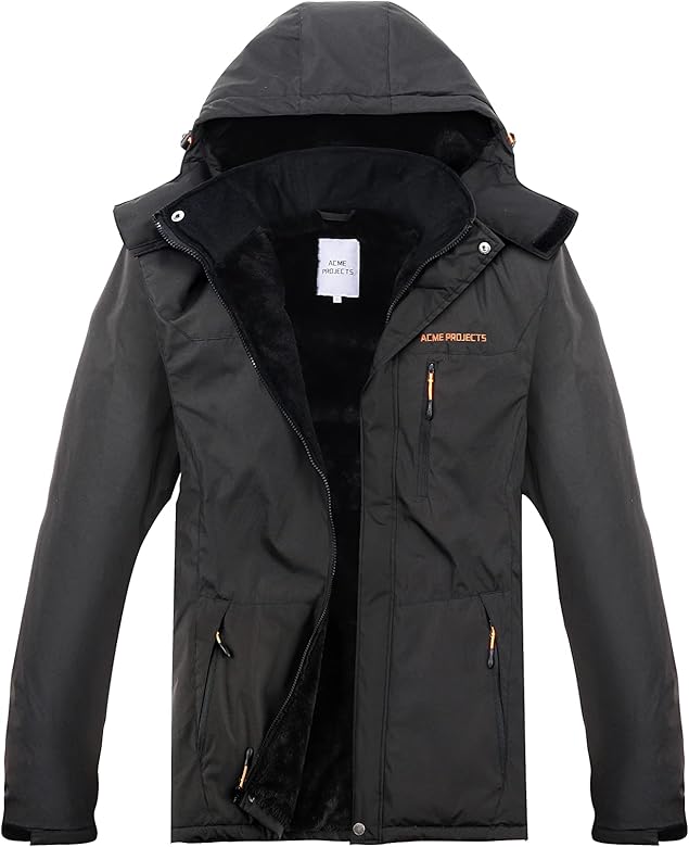 Acme Projects Men's Waterproof Breathable Ski Snow Jacket Fleece Lined Winter Warm Coat with Detachable Hood 6000mm/3000gm
