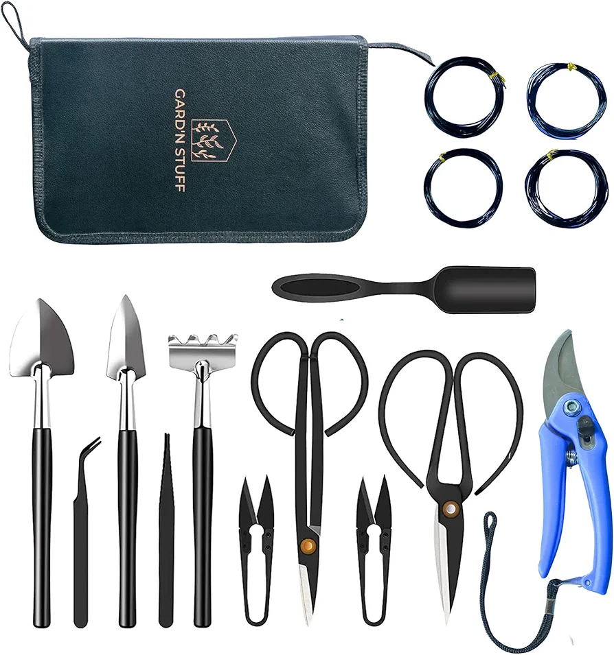 Bonsai Tools Set 15 Pcs High Carbon Steel - Planting Gardening Trimming Tools Set Include Pruning Shears, Scissors, Mini Rake, Round, Pointed Shovel, Training Wire in PU Leather Bag
