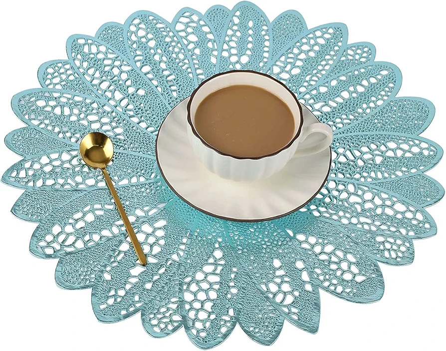 Round Placemats Set of 6, Hollow Out Table Mats Vinyl Heat Resistant Place Mats for Dining Table, Wedding, Party Decoration (Blue, 6)
