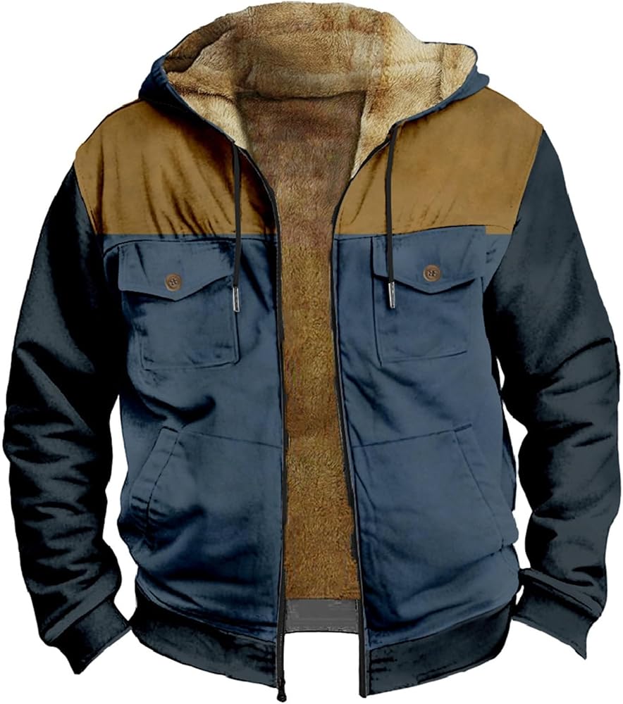 Men's Long Winter Hooded Jacket Fur Hooded Snowboarding Fleece Lined Military Jacket Water-Repellent Windproof Coats