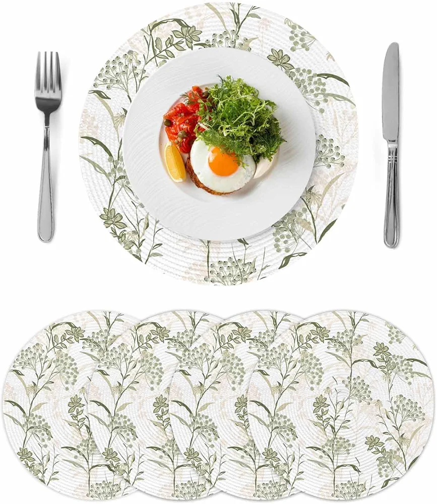 Round Braided Placemats Set of 4 Vintage Floral Plant Washable Round Woven Table Mats for Kitchen Dining Table, Heat-Resistant Place Mats 15inch for Indoor Outdoor Parties, Sage Green