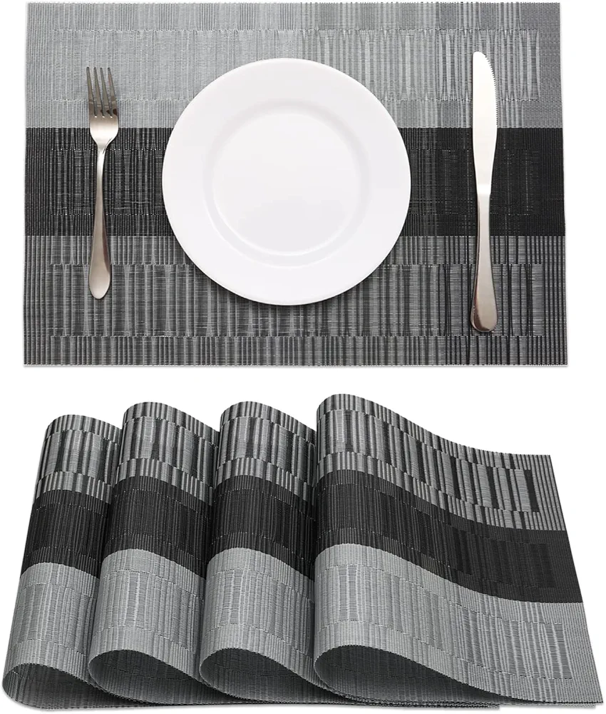 HeloHo Black Placemats Set of 4, Heat-Resistant Washable Placemats Non-Slip Vinyl Woven Table Mats Wipeable Placemat for Kitchen Dining Table Decoration Indoor Outdoor