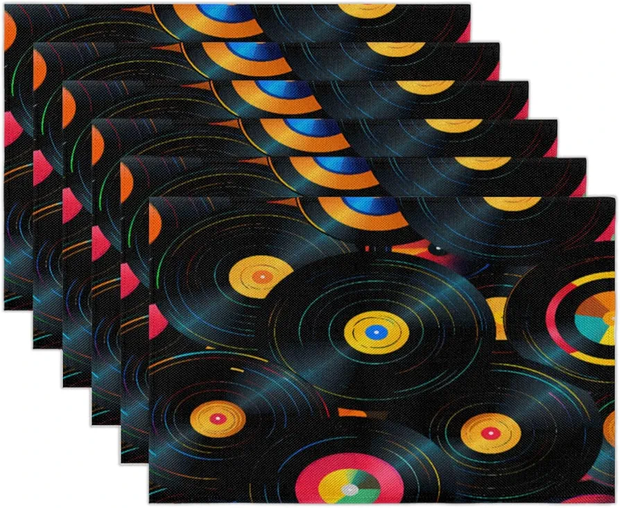 Music Record Placemat Set of 6 Vinyl CD Washable Place Mats for Dinner Table Heat Resistant Table Mats for Party Kitchen Dining Decoration