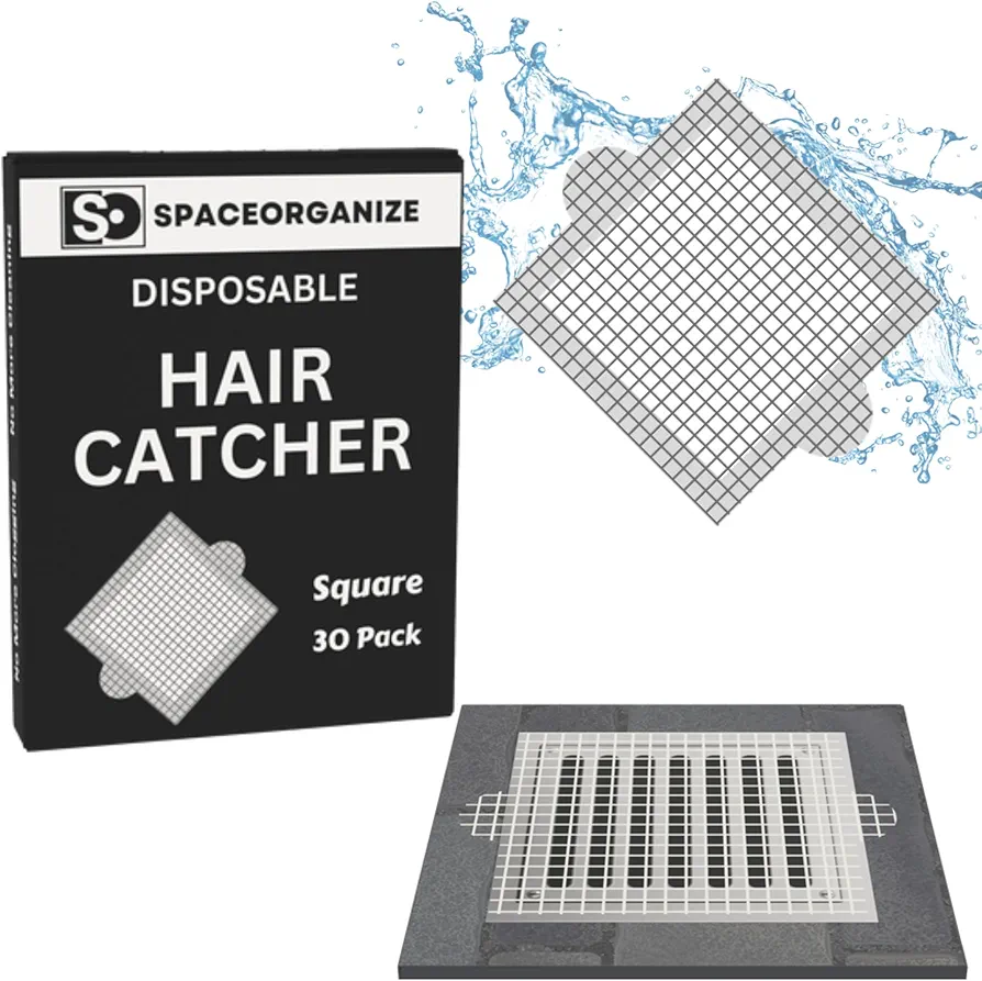 30 Pack, Square 4.1 Inch, Disposable Shower Drain Hair Catcher Mesh Stickers [Improved], Disposable Hair Drain Catcher Stickers, Disposable Drain Covers for Shower