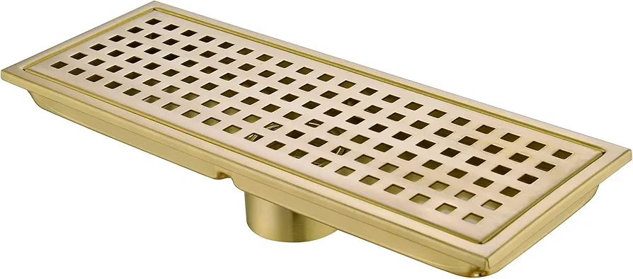 Linear Shower Floor Drain with Removable Cover Grid Grate 12 inch Long Rectangle, SUS 304 Stainless Steel Brushed Gold Brass Finished