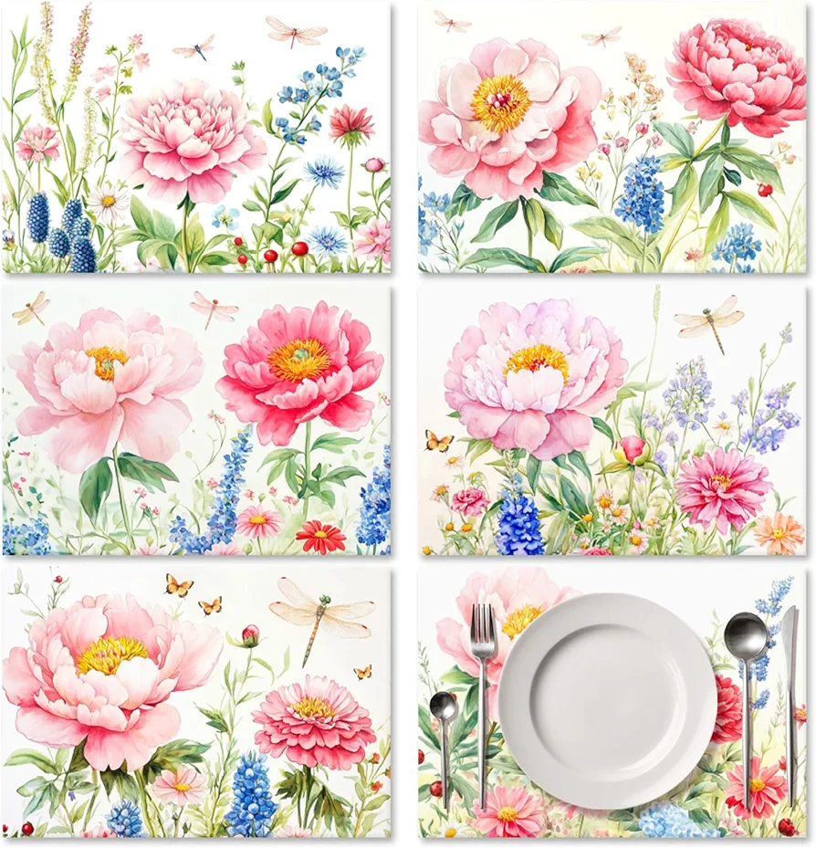 ORIGACH Watercolor Flowers Vintage Placemats Set of 6, Vivid Peony and Dragonfly Washable Waterproof Heat Resistant Table Mats Set for Kitchen Farmhouse Dining Party Wedding Decor, 12 x 17 Inches