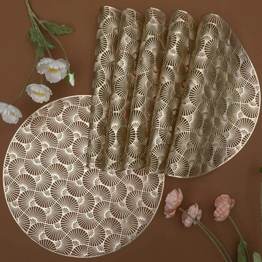 Gold Metallic Placemats Set of 6 Gloden Ginkgo Leaf Round Dining Table Decor Floral Wipeable Waterproof Non Slip Vinyl Heat Resistant Placemats for Wedding Anniversary Valentines Day