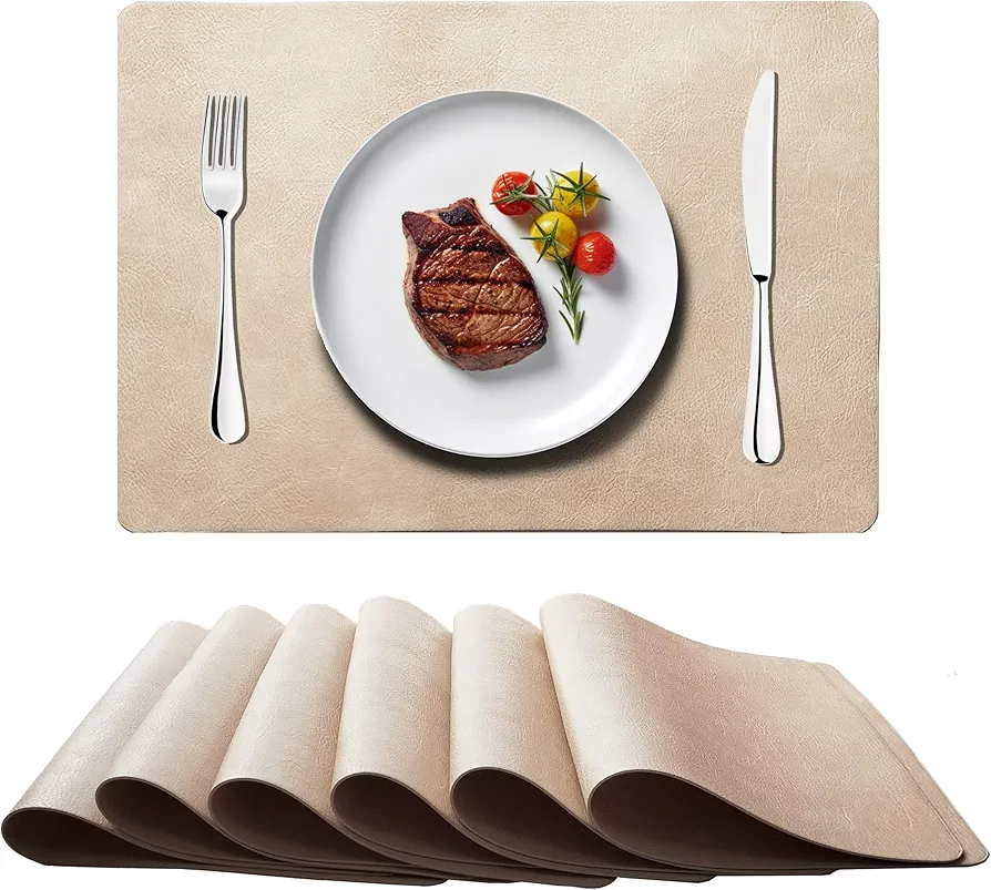Washed Cowhide Pattern PU Leather Placemats Set of 6 Heat Resistant Kitchen Table Mats,Modern Easy Clean Dining Place Mat, Waterproof Wipeable for Party Decoration Placemats… (Beige)