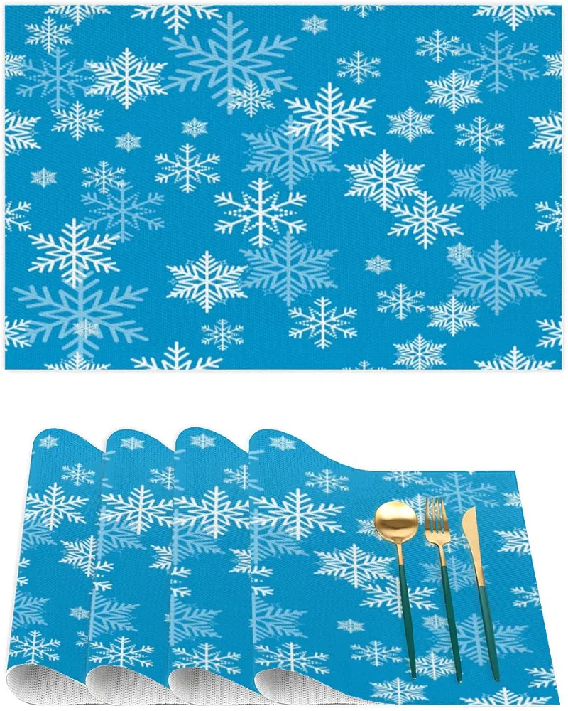 PVC Placemats Set of 4, Winter Blue Snowflake Christmas Kitchen Place Mats for Dining Table Non Slip Washable Heat Resistant Table Mats Placemat for Indoor Outdoor Decor