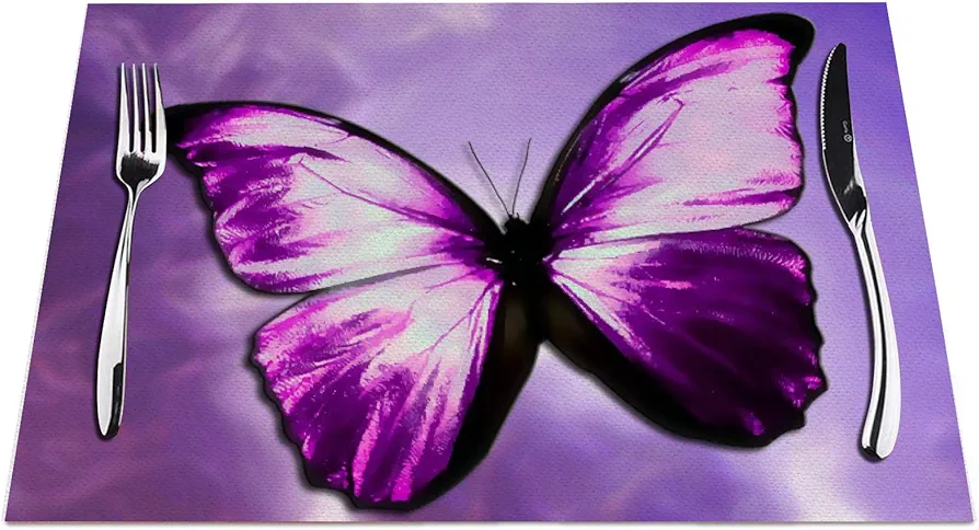 Purple Butterfly Placemats Set of 4, Magical Mystical Purple Butterfly Placemats Heat Resistant for Dining Table Non-Slip 18x12 Inches