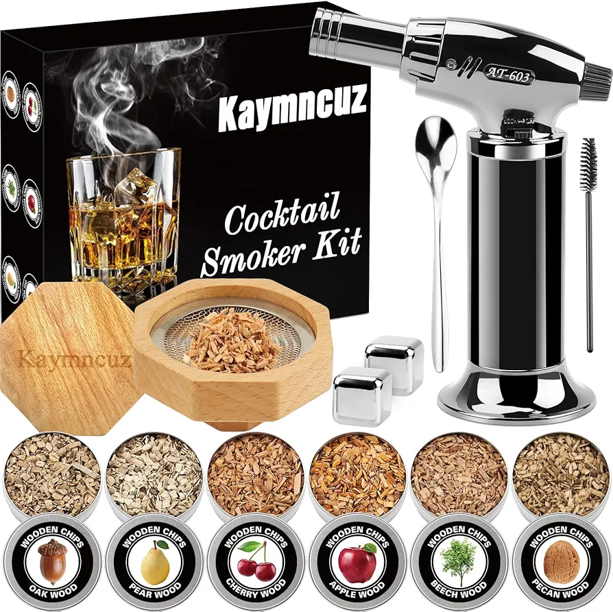 Cocktail Smoker Kit with Torch, Whiskey Smoker Kit with 6 Flavors Wood Chips, 2 Whiskey Stones, Gifts for Men, Dad, Husband(No Butane)