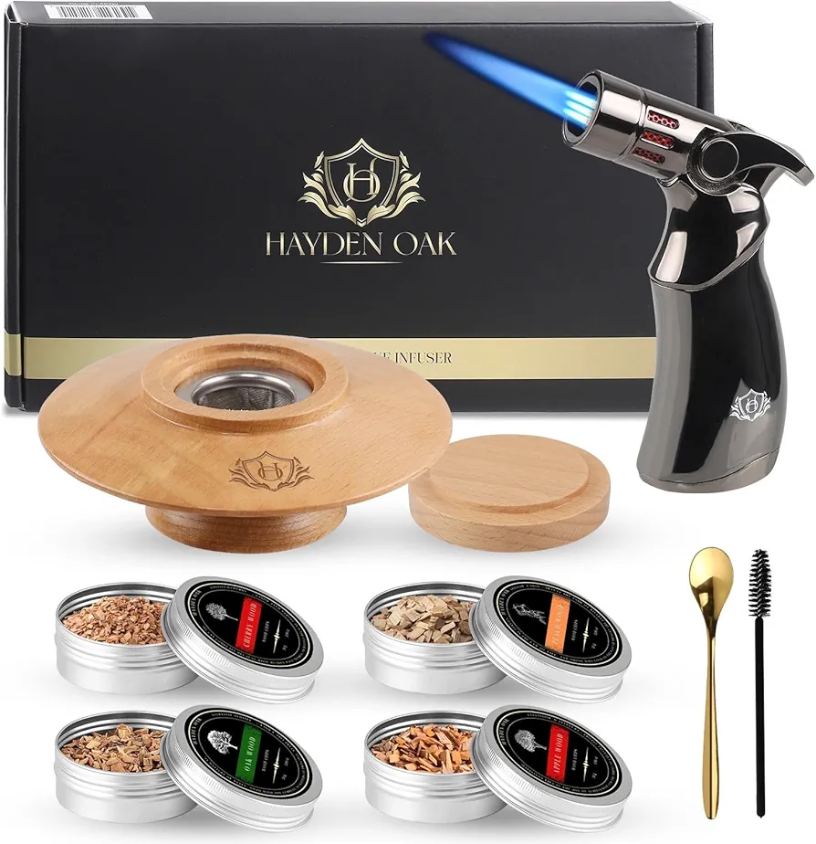 Bourbon Smoker Kit with Torch (Without Butane) – 4 Flavors Wood Chips – Whiskey Cocktail Smoker Kit - Manhattan and Old Fashioned Cocktail - Birthday Whiskey Gifts for Men, Father, Husband