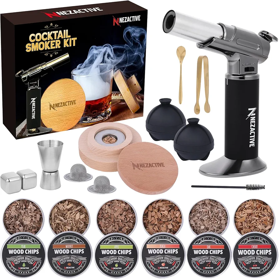 Cocktail Smoker Kit with Torch - 6 Flavors Wooden Chips, Spoon, Accessories & 2 Ice Molds & Cubes, Old Fashioned Drink Smoker Kit with, Bourbon, Whiskey Smoker Birthday Bourbon Gifts for Men