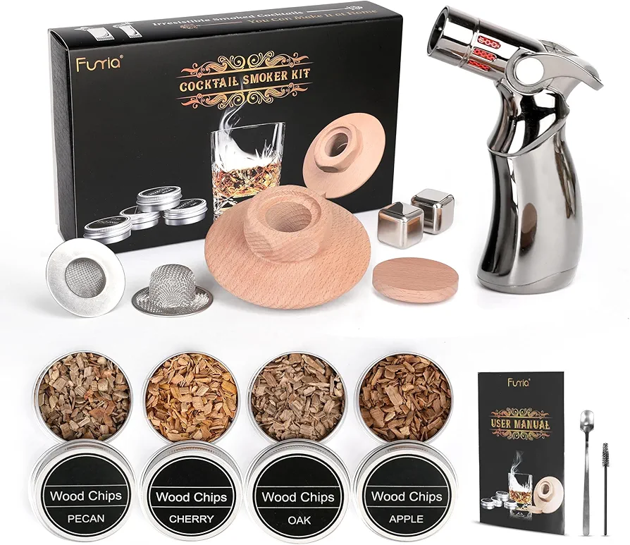 Whiskey Smoker Kit with Torch Cocktail Bourbon Smoker Kit with 4 Flavors Wood Chips Old Fashioned Smoker for Men Whiskey Bourbon Gifts for Men Dad Husband (No Butane)