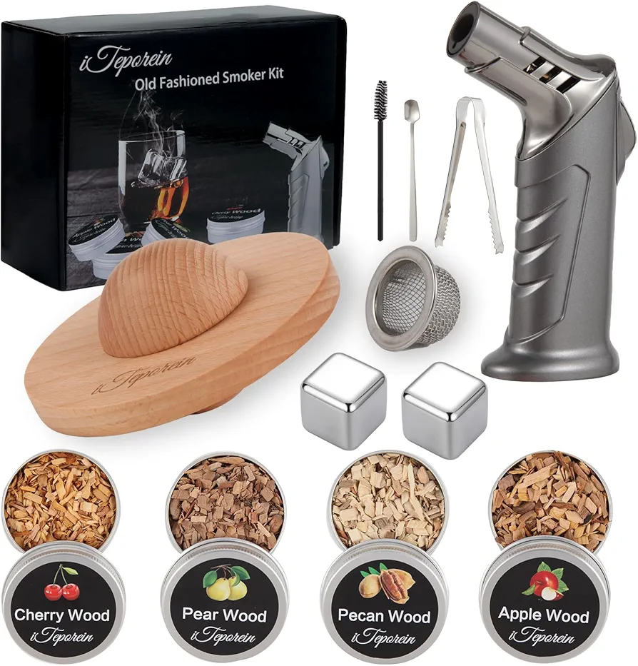 Cocktail Smoker Kit with Torch, Old Fashioned Whiskey Smoker Kit, Bourbon Drink Smoker Infuser with Wood Chips, Valentines Day Fathers Day Birthday Gifts for Men Dad Husband Boyfriend(Without Butane)