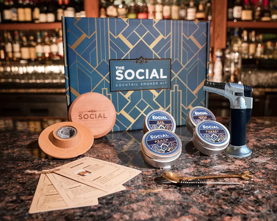 THE SOCIAL Cocktail Smoker Kit with Torch and Wood Chips for Whiskey, Bourbon, Old Fashioned, Manhattan, infuse your favorite cocktails and wine. Perfect for entertaining and gifting!