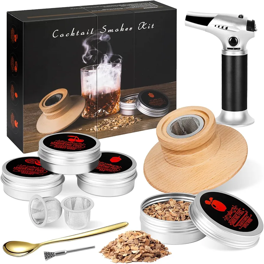 Cocktail Smoker Set, Cocktail Smoker Kit with Torch, Old Fashioned Whiskey Kit, Bourbon Smoker Kit with 4 Flavors of Chimney Wood Chips, Valentine's Day Gift Xmas Gift