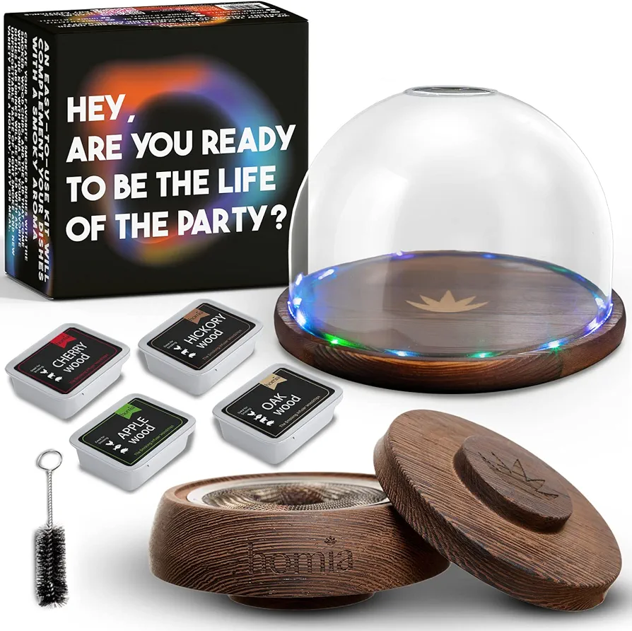 Cocktail Smoker Kit with LED Wooden Base and Glass Dome, 7.8" x 4.7" - Premium Quality Wood - Wooden Bar Smoker for Cocktails with Wood Chips - Old Fashioned Cocktails, Whiskey or Bourbon, Drinks