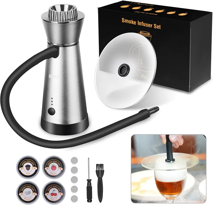 BORUIT Cocktail Smoker Kit,Smoking Gun Food Smoker with Cup Lid and 4 Flavors Wood Chips,Handheld Portable Drink and Food Smoker Infuser for Cocktails Meat Drinks BBQ Cheese(Silver)