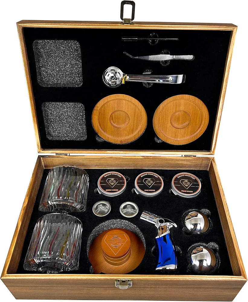 Luxury Cocktail Smoker kit with Torch Old Fashioned Bourbon Whiskey Scotch Smoker Infuser Set Two Spinning Colored Glasses Two Ball 6 Flavors Wood Chips Wood Premium Gift Box (No Butane)