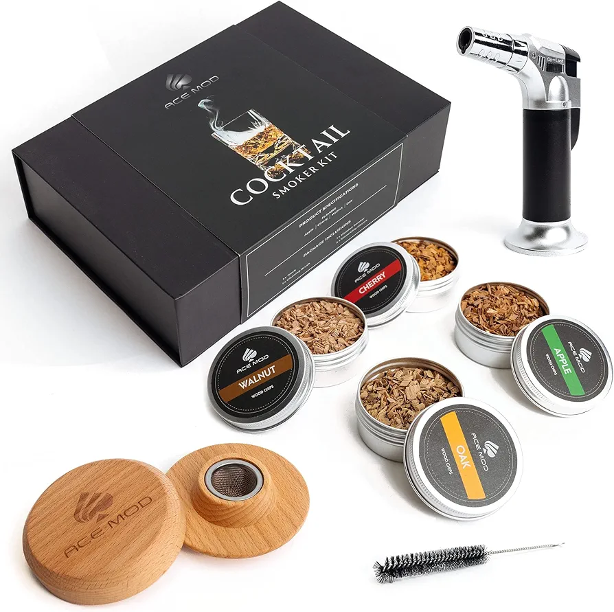 Cocktail Smoker Kit with Torch in Gift Box– 4 Flavors Wood Chips – Bourbon, Whiskey Smoker Infuser Kit, Smoked Old Fashioned, for Dad, Husband (NO Butane)