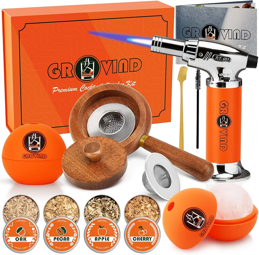 Whiskey Smoker Kit,Cocktail Smoker Kit with Torch,Old Fashioned Smoker Kit,Drink Smoker Infuser Kit Cocktail,Bourbon Smoker Kit,Whiskey Bourbon Gifts for Men,Dad,Husband(Orange)