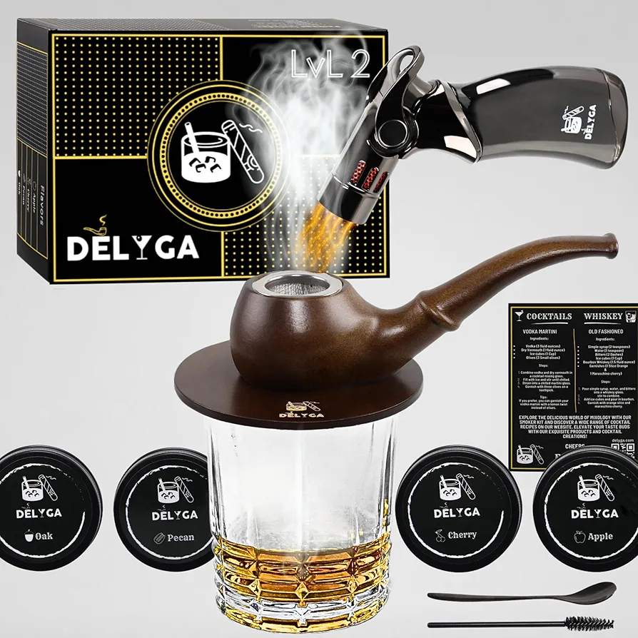 Cocktail Smoker Kit with Torch, Pipe-Shaped, Whiskey Smoker, 4 Wood Chips Flavors, Gifts for Dad, Gifts for Men, Old Fashioned, Bourbon Infuser Gift Kit (DELYGA LvL 2 - Wood Dark Brown - No Butane)