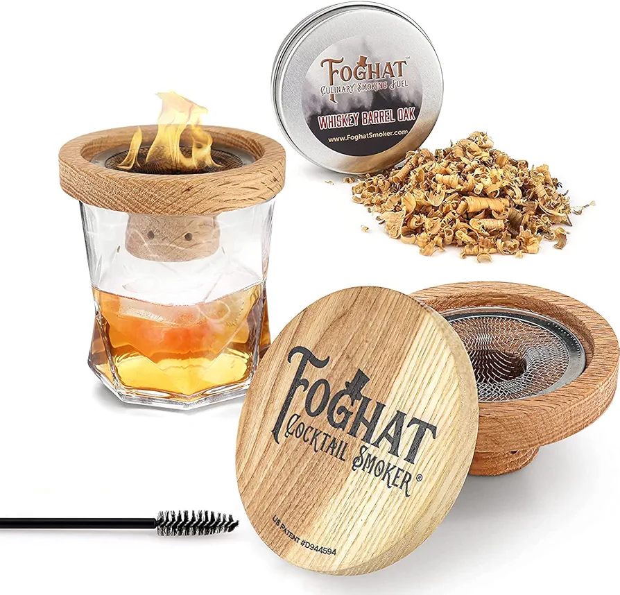 THOUSAND OAKS BARREL Foghat Cocktail Smoker W/ Bourbon Barrel Wood Shavings-Infuse Cocktails, Wine, Whiskey, Cheese, Meats, Dried Fruits, Salt and More!-Smoking Glass Cloche Accessories