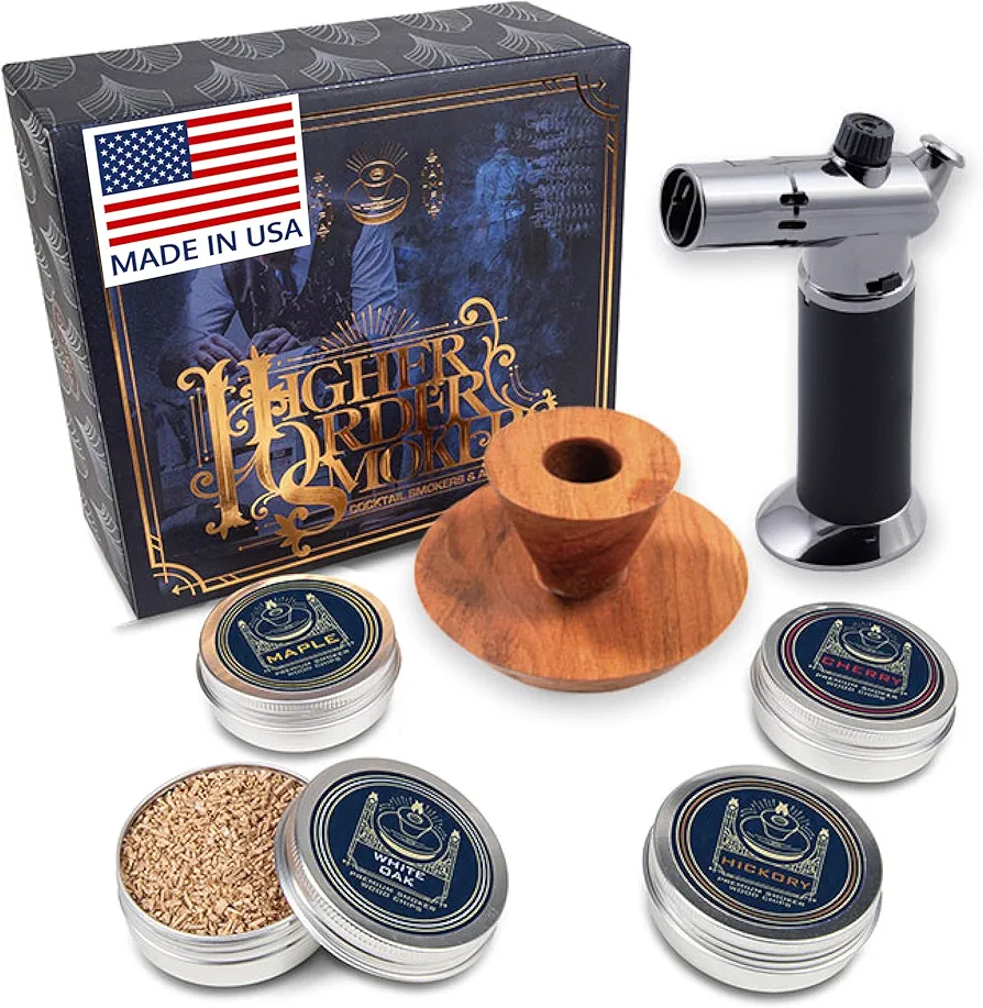 Higher Order Cocktail Smoker Kit -USA Handcrafted |Smoker, Turbo Torch, Woodchip Blend| Old Fashioned Chimney Drink Smoker for Cocktails, Whiskey Smoker Kit Bourbon Smoker Kit Smoke Infuser (Cherry)
