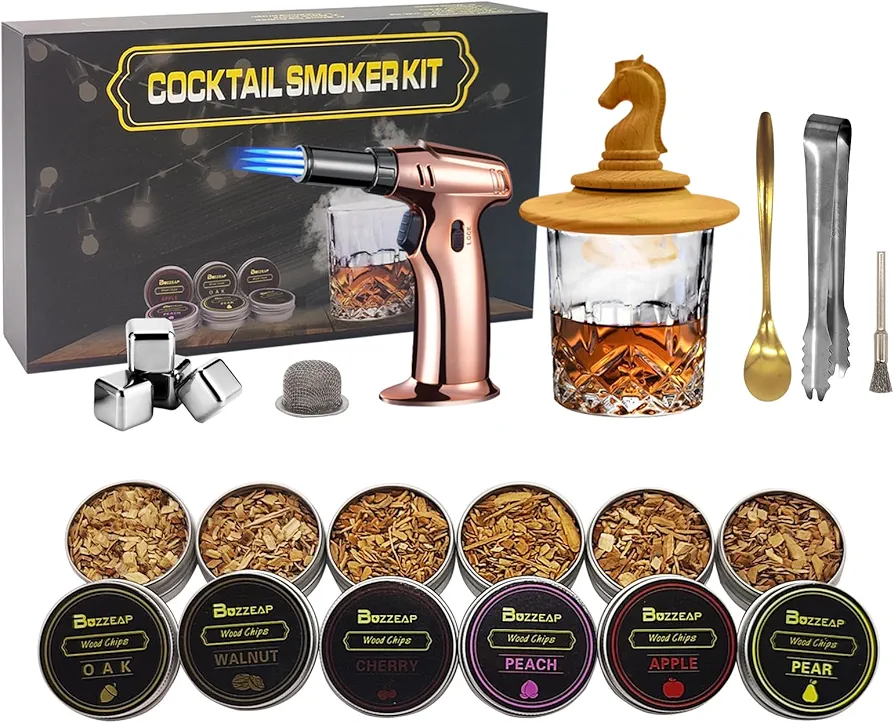 Cocktail Smoker Kit with Torch , 6 Flavors Wood Chips with Whisky Glass, Old Fashioned Bourbon Whiskey Smoker Kit, Birthday /Christmas Gifts for Men, Dad, Husband (Without Butane)