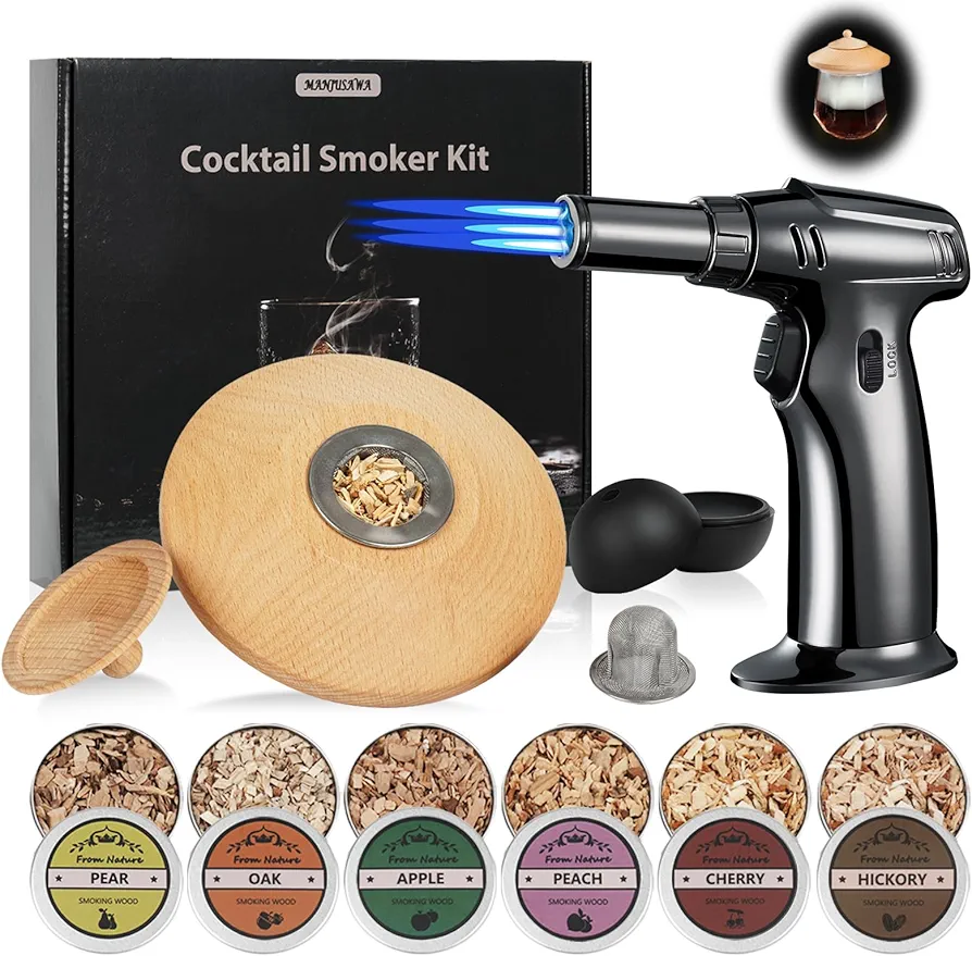 Cocktail Smoker Kit with Torch Including Six Wood Chips and One Ice Ball Mold,Old Fashioned Smoker Kit,Whiskey Smoker Kit,Bourbon Smoker Kit,Gifts for Men(No Butane)